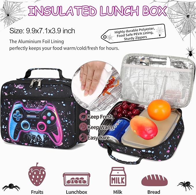 Kids Backpack Boys Gamer Backpack with Lunch Box Kindergarten Elementary Middle School Travel Sport Gaming Bookbag for Boys Girls Ages 4-14, Game-Galaxy