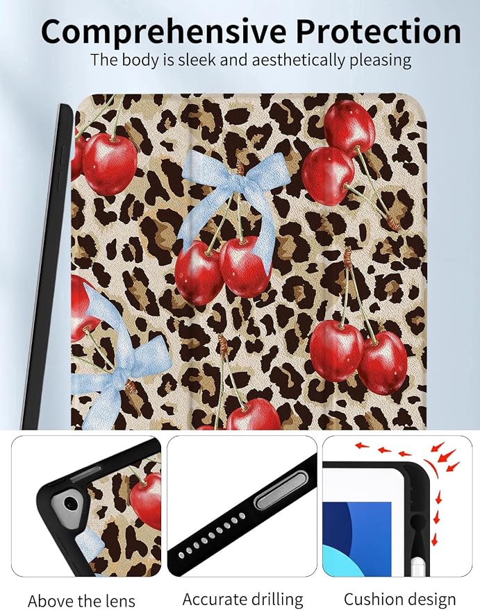Case for iPad 9th/ 8th/ 7th Generation Case 10.2&amp10.5 Inch (2021/2020/2019 Release) Slim Lightweight Soft Trifold Back Cover with Pencil Holder &amp Auto Sleep/Wake Cover Cherries Cheetah Bows