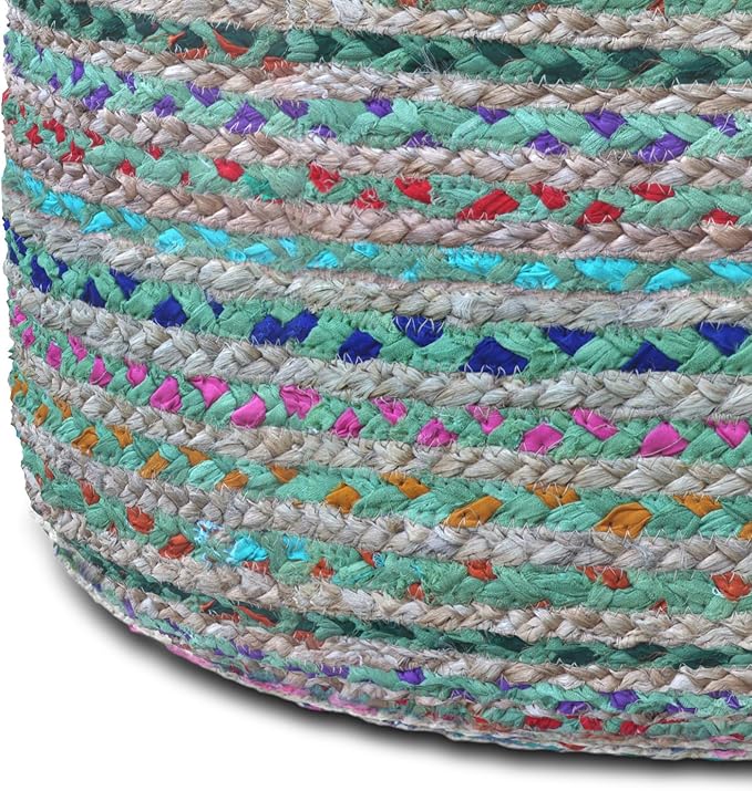 SIMPLIHOME Margo Round Pouf - 20 inch Wide Handwoven Jute and Cotton Braided Ottoman in Green, Boho-Style Footstool or Extra Seating for Living Room or Bedroom with Polystyrene Bead Filling, Assembled