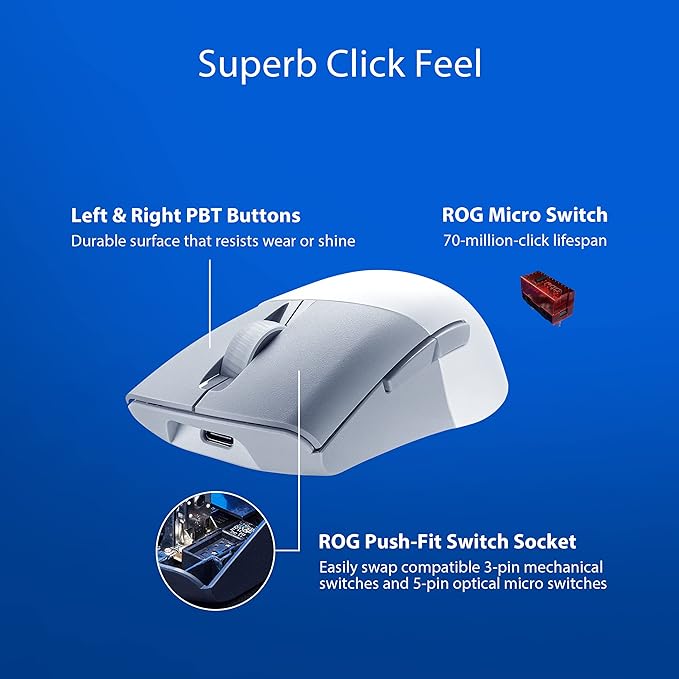 ASUS ROG Keris Wireless Aimpoint Gaming Mouse – Right-Handed Ergonomic, 75g, Tri-Mode Connectivity, 42K DPI, up to 119Hr Battery, PC/Mac Support - White
