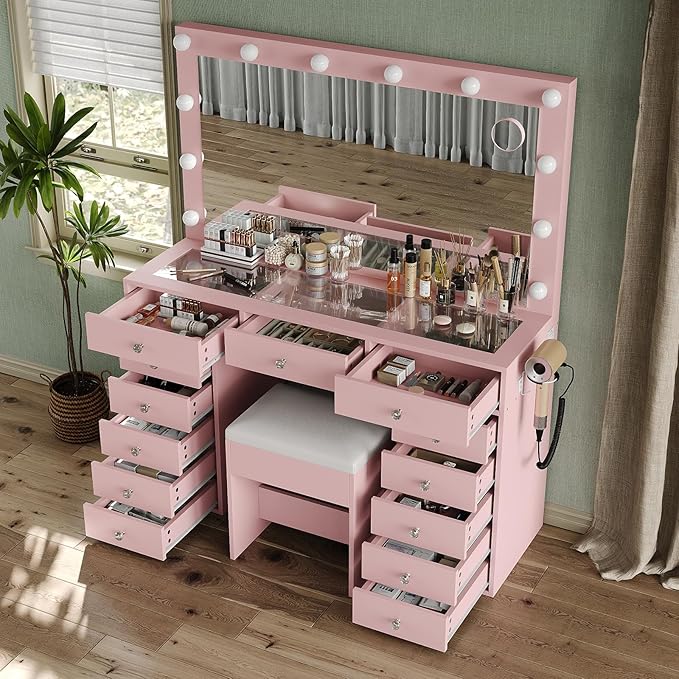 13 Drawers Vanity Desk, 47''W Makeup Vanity with Power Outlet, Vanity Table with Mirror and 12 LED Bulbs, 3 Color Lighting Modes, Glass Top, Dressing Table for Bedroom (Pink)