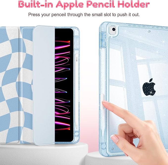 Case for iPad 9th/ 8th/ 7th Generation 10.2-Inch Case(2021/2020/2019 Release) Glitter Tablet Cases with Transparent Acrylic Back+Trifold Stand+Pencil Holder+Auto Wake/Sleep Bows-Stripe