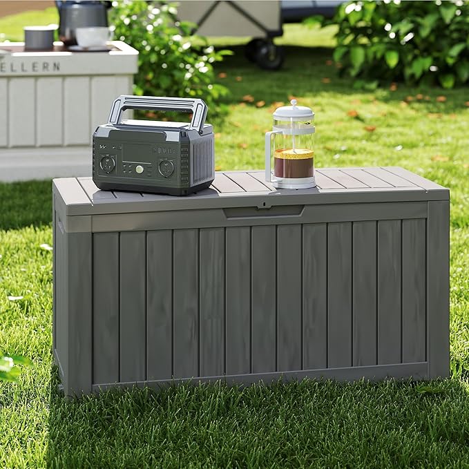75 Gallon Double-Wall Resin Deck Box - Lockable Waterproof Outdoor Storage Box, 515lbs Capacity & Doubles as Seating for Patio Furniture - Garden Tools, Pool Accessories (Brown)