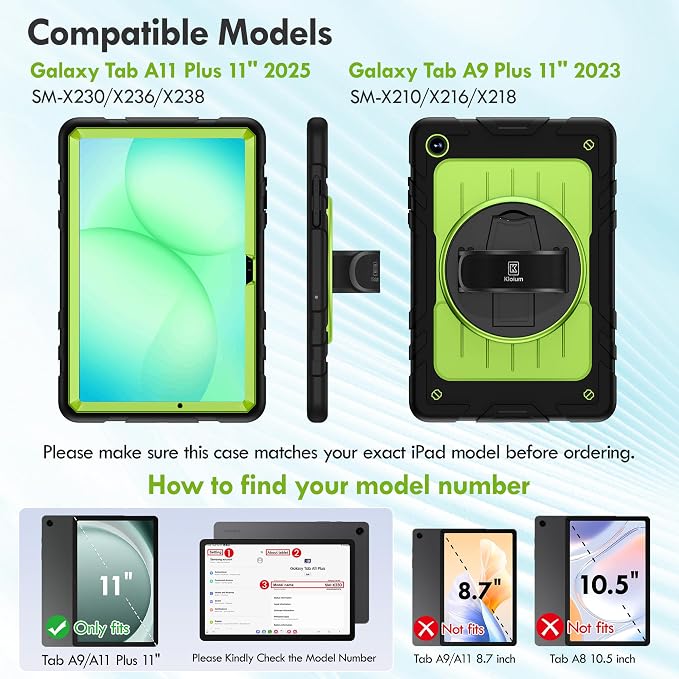 Case for Galaxy Tab A11 Plus 11 Inch 2025 and Galaxy Tab A9 Plus 11 Inch 2023 Heavy Duty Shockproof Rugged Protective Case with 360 Rotating Stand Kickstand Hand Strap and Shoulder Strap