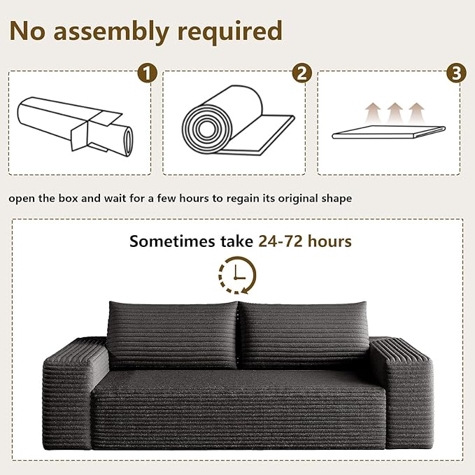 63" Boneless Loveseat Sofa - Cloud Couch with Memory Foam, Comfy Deep Seat - Corduroy Floor Sofa, No Assembly Required - Small Space Friendly for Living Room, Bedroom, Apartment, Black