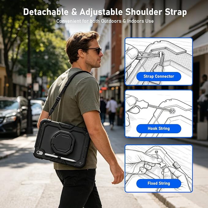 Case for iPad (A16) 11th/10th Generation 11/10.9 2025/2022 Black | Full-body Heavy Duty iPad A16 Case for Adults Kids with Screen Protector 360° Rotating Stand Shoulder Strap Pencil Holder