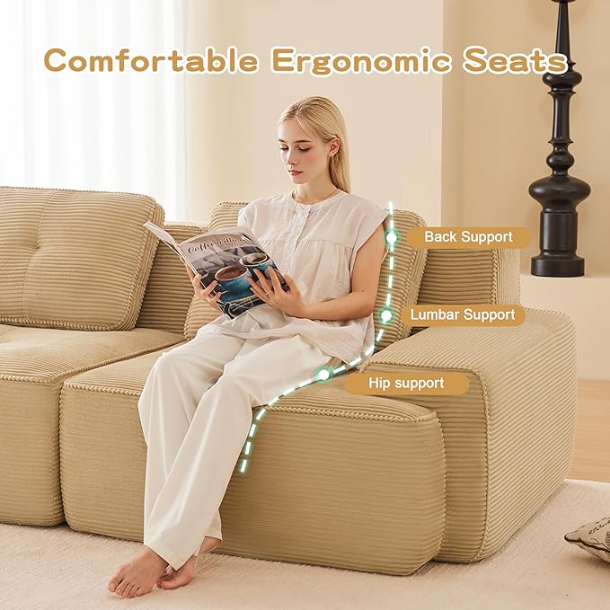 150.4'' Sectional Sofa, 32D Foam Corduroy Boneless Couch with Pillow, Deep Seat Wide Arm Sectional L Shaped Couch for Living Room, Apartment, Bedroom