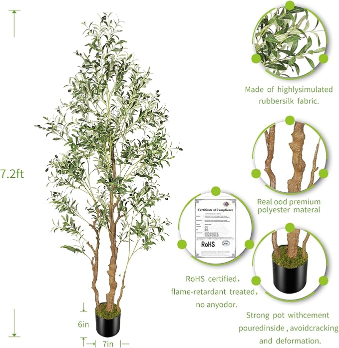 7.2ft Artificial Olive Tree (85in) with Plastic Nursery Pot Faux Olive Silk Tree, Fruits Fake Plant for Office House Farmhouse Living Room Home Decor (Indoor/Outdoor)