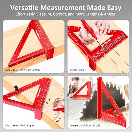 8 inch 3D Multi-Angle Measuring Square Ruler, WT103C High Precision Hole Scribing Woodworking Tools, 0-90° Aluminum Alloy Carpenter Square with Stair Gauges, Carpenter Pencils 6 Refills.