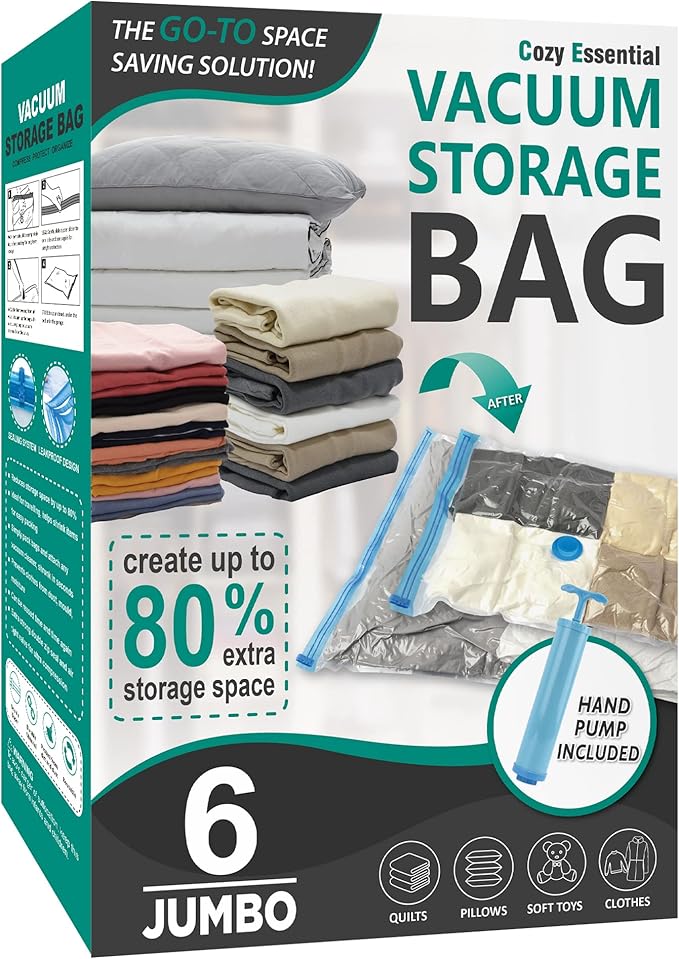 Cozy Essential Vacuum Storage Bags, 80% Compression Vacuum Seal Space Saver Plastic Packaging Bags for Clothes, Blankets, Pillow, Bedding, Comforters, Sealer Clothing Storage,6 Jumbo