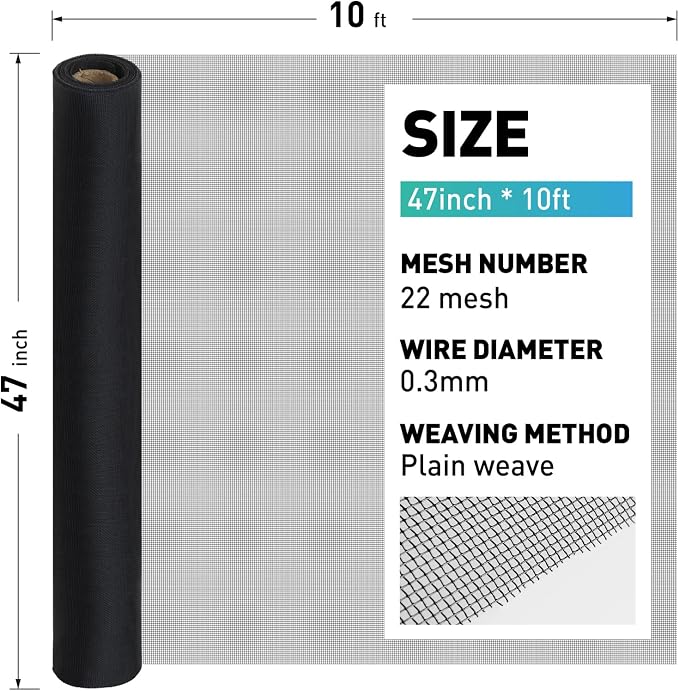 304 Stainless Steel Mesh Window Screen Roll, 47IN x 10FT Black Metal Window