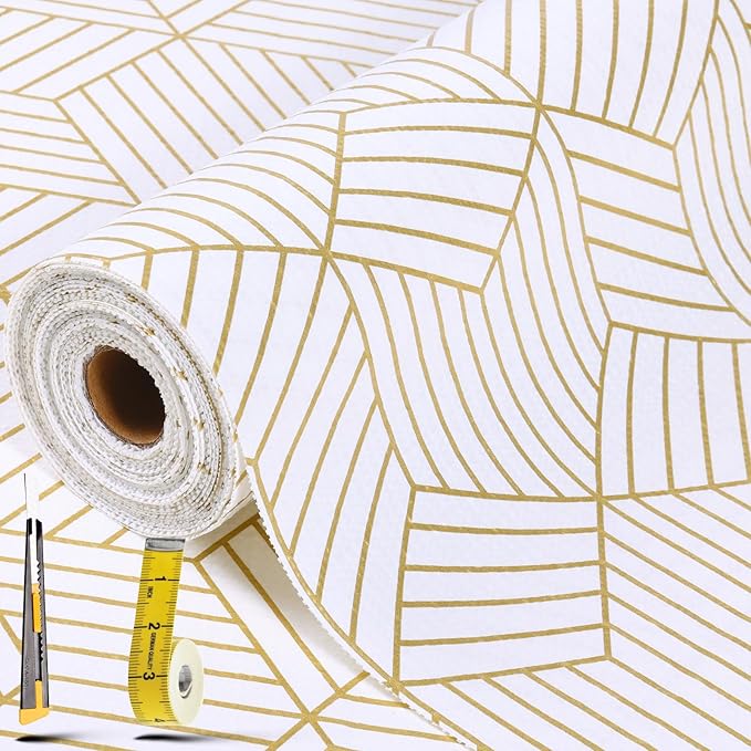 Shelf Liners for Kitchen Cabinets 35.4 in X 19.69 Ft, Non Adhesive Cabinet Liner Strong Non-Slip Thickened Gold Geometric Drawer Liner, Easy to Clean for Shelf, Cabinet with Knife and Tape Measure