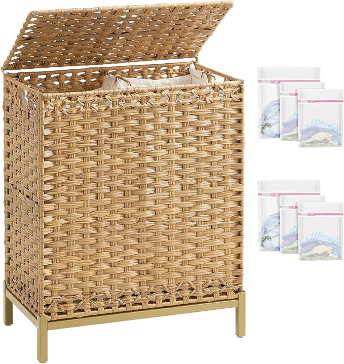 Laundry Hamper with Lid, 112 L Handwoven Rattan Wicker Laundry Basket, 2 Removable Liner Bags Metal Heightened Feet, 6 Mesh Bags, 2 Section Large Clothes Hamper for Bathroom Bedroom, Natural