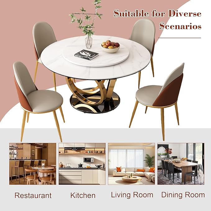Dining Table Set with 8 Chairs, 53" Round Modern Marble Dining Table with Lazy Susan, Sintered Stone Top for Kitchen, Dining Room, Dinette