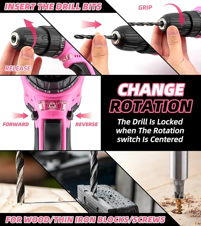 147 Piece Pink Power Drill Drivers Tool Set with 12V Cordless Drill, Professional Household Home Tools Kit Set, DIY Pink Electric Drill Cordless Hand Tool Box for Women