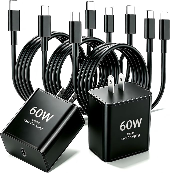 60W USB C Charger Samsung 2Pack 60 Watt Super Fast Charging Type-C Charger for Samsung Galaxy S26/S25 S24/S23/S22 with 6FT/10FT/10FT USBC Cables Compatible with iPhone 17/16/15 Tab S9+ MacBook