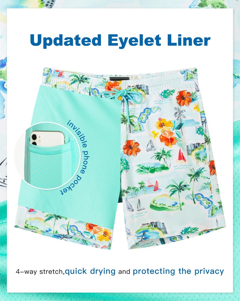 SURF CUZ Mens Swim Trunks with Compression Liner Quick Dry Swim Shorts 7" Swimming Trunks Stretch Bathing Suit Zipper Pockets,Tropical Breezers,XS