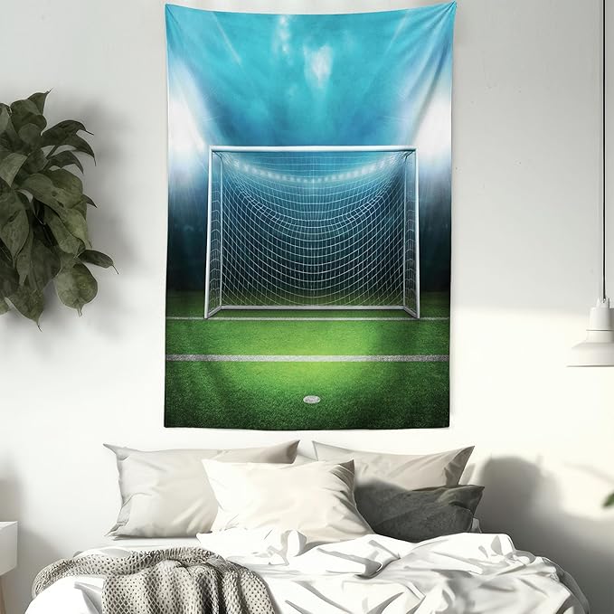 Ambesonne Soccer Tapestry, Soccer Goal Post Sports Area Winner Loser Line Floodlit Best Team Finals Game Theme, Fabric Wall Hanging Decor for Bedroom Living Room Dorm, 23" X 28", Green and Blue