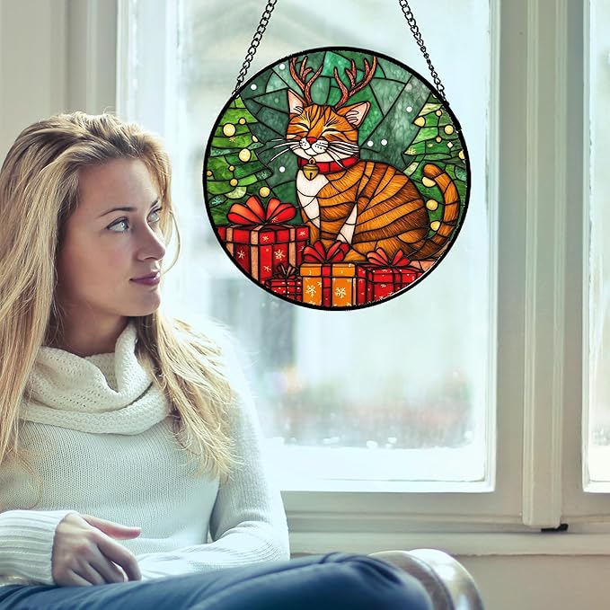 Stained Glass Window Hanging Orange Cat Elk Antler 9.8" - Suncatcher Door Garden Kitchen Sun Catcher Home Decor Birthday Gifts for Lost Pets Mom Men Woman Friend Grandma