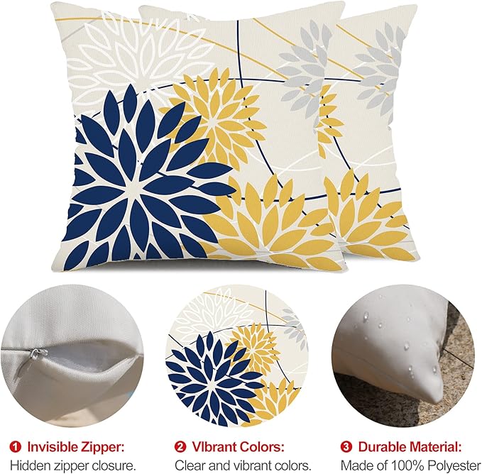 Outdoor Pillow Covers 16x16 Inch Set of 2 Navy Blue Yellow Outdoor Waterproof Decorative Throw Pillows Summer Spring Decor for Home Patio Funiture Garden Living Room Polyester Cushion Covers 01G16