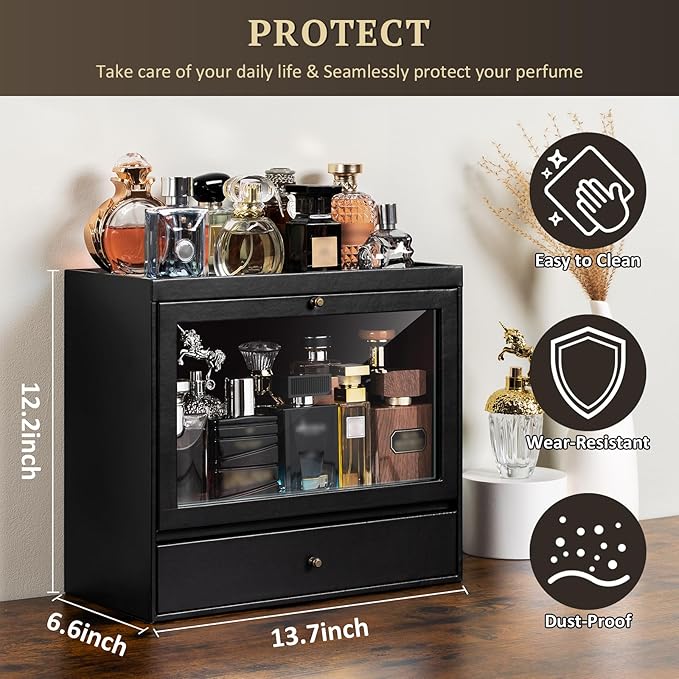 Cologne Organizer, Leather Perfumes Organizer for Dresser, Large Capacity Dustproof Cologne Holder with Drawer Storage Perfume Stand Organizer, Ideal Gift for Loved ones