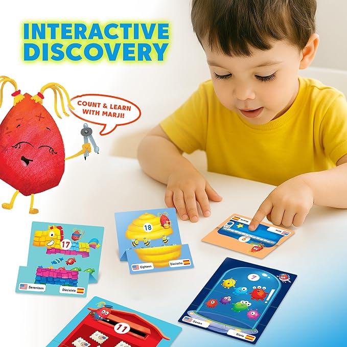 Kidrox Counting Flash Cards Learn to Count 1 to 20, English Number Learning Cards with Spanish Translations Included, Hook & Loop Fasteners