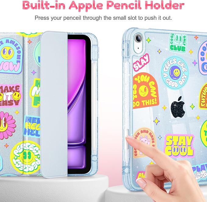 for iPad Air 11 inch M4/M3/M2 (2026/2025/2024) iPad Air 5th/4th Gen (2022/2020) 10.9 inch with Pencil Holder Glitter Clear Pretevtive Cover Auto Wake/Sleep Black Cartoon Stickers