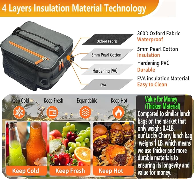 Expandable(18cans) Lunch Box Insulated Lunch bag for Men Kids Boys Teens Adult Portable Stylish Small Lunchbox With Shoulder Strap for Working Office school Picnic