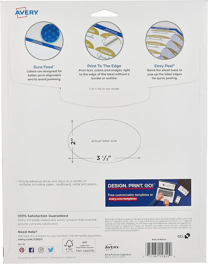 Avery Printable Blank Oval Labels,2" x 3-1/3",Glossy White,80 Customizable Labels (22820),(Pack of 5)