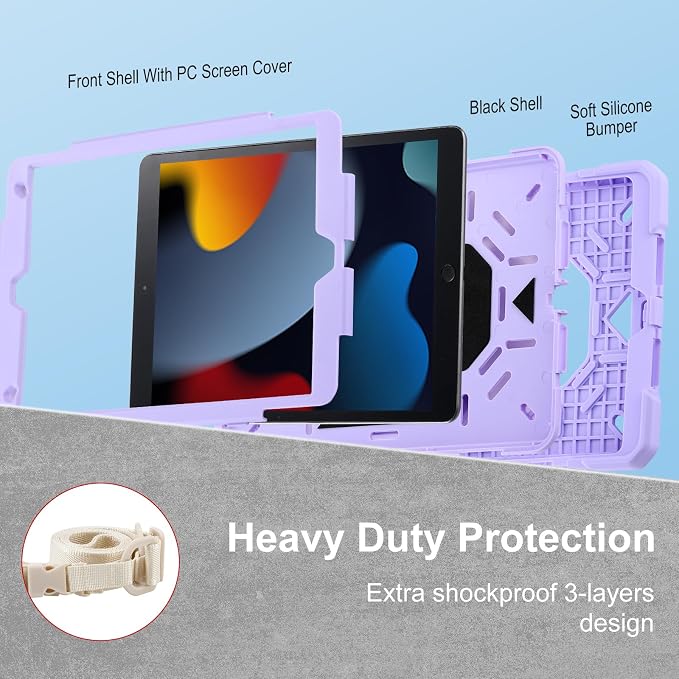 Case for iPad 9th Generation (2021) /iPad 8th Gen (2020)/iPad 7th Gen (2019) Military Grade Shockproof iPad Case Built-in 360°Rotating Stand/Pen Slot/Shoulder Strap for iPad 10.2 (Black)