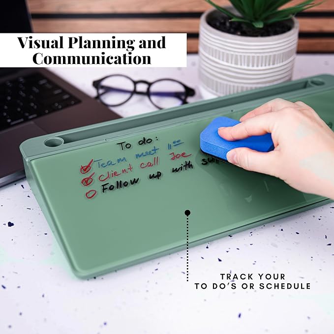 Birch Small Desktop Whiteboard – Glass Dry Erase Board Desk Pad Keyboard Stand with Storage Compartment 3 Markers & Marker Holder – Perfect for Office, Home, & School (Moss)