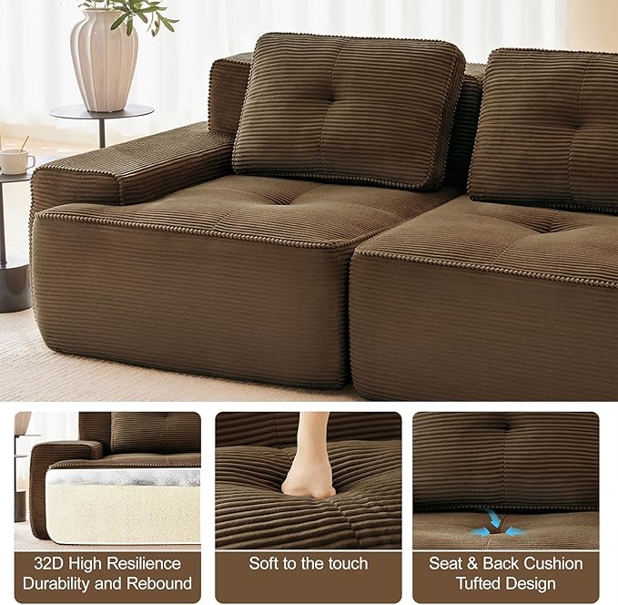 80" Modern Corduroy Boneless Love Seat Couches, 2 Seater Large Sectional Couches for Living Room, Brown Cloud Modular Sectional Sofa, Memory Foam, Extra Deep Loveseat, No Assembly