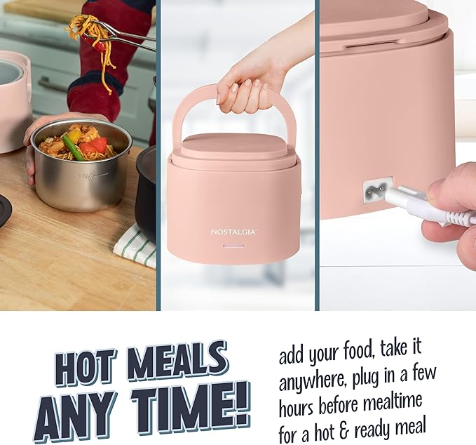 Nostalgia Portable Heated Lunch Box – 2.5-Cup Stainless Steel Food Warmer – Detachable Cord, Leak-Proof Lid, Carry Handle – Portable for Work & Travel – Cherry Blossom