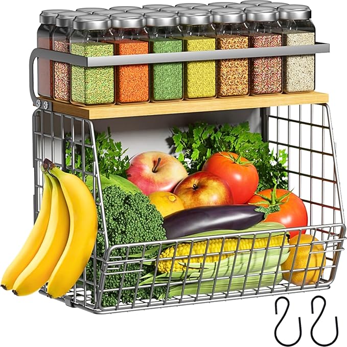 Ofiray-home Magnetic Fridge Shelf with Wood Lid, Fruit Potato Onion Storage Bins, Pantry Organizers, Large Container Spice Rack for Refrigerator, Kitchen Counter, Cabinet (1, Silver)