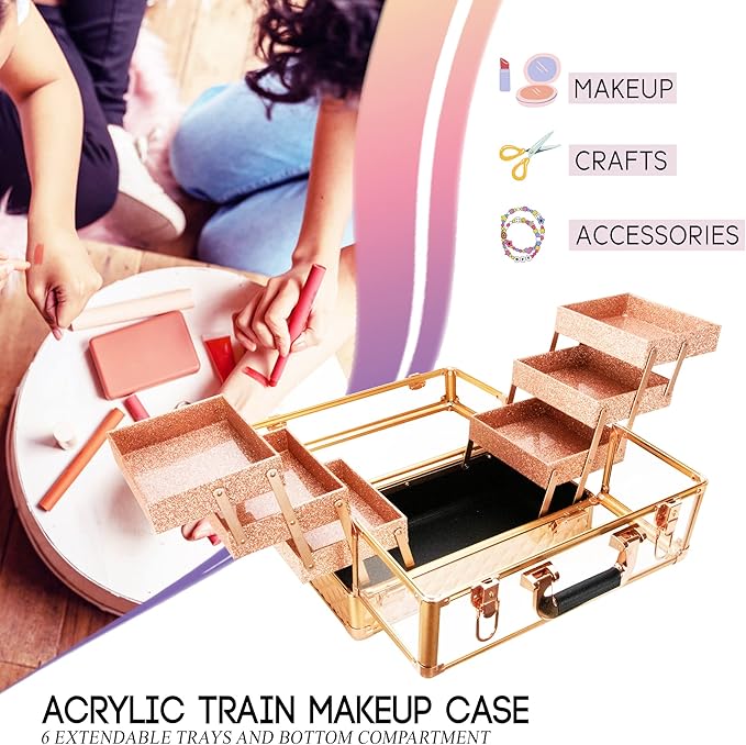 Ver Beauty Makeup Train Case 14 inch Armored Acrylic Large Portable Cosmetic Case 6 Trays Professional Storage Organizer Box Make Up Artist Jewelry Nail Kits Crafts Display Brush Holder- Rose Gold