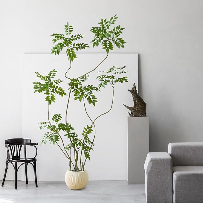 Artificial Sumac Tree：6FT Faux Mahonia Fortunei Tree Realistic Fake Floor Plant Silk Leaves & Elegant Branches in Pot Fake Plant for Minimalist Decor Indoor Home Sala Office Hotel Patio Studio