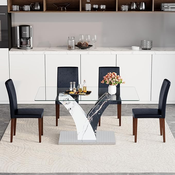 Glass Dining Table Set for 4, 63” Kitchen Table Set for 4, Modern Dining Room Table Set with Upholstered Chairs, Tempered Glass Tabletop with Y Shape Base