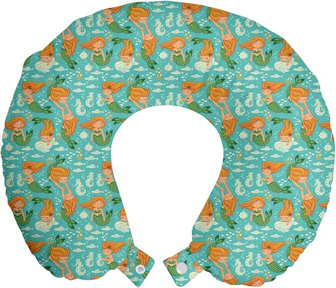 Ambesonne Underwater Travel Pillow Neck Rest, Nautical World Themed Pattern Mermaid Seahorse Fish Shells Cartoon, Memory Foam Traveling Accessory for Airplane and Car, 12", Turquoise Marigold Green