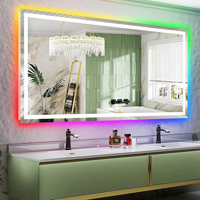 YEELAIT 80x40 Inch RGB LED Bathroom Mirror Front Light and RGB Backlit Lighted Vanity Mirror for Bathroom Wall Mounted Dimmable Anti Fog Memory Shatter-Proof IP54 Waterproof Horizontal/Vertical