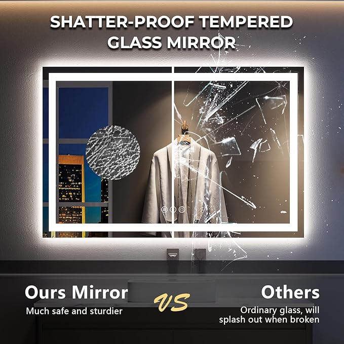YEELAIT 55x30 Inch LED Bathroom Mirror with Lights Front and Backlit Lighted Vanity Mirror for Bathroom Wall with 3 Colors Dimmable Anti-Fog Memory Shatter-Proof IP54 Waterproof Horizontal/Vertical