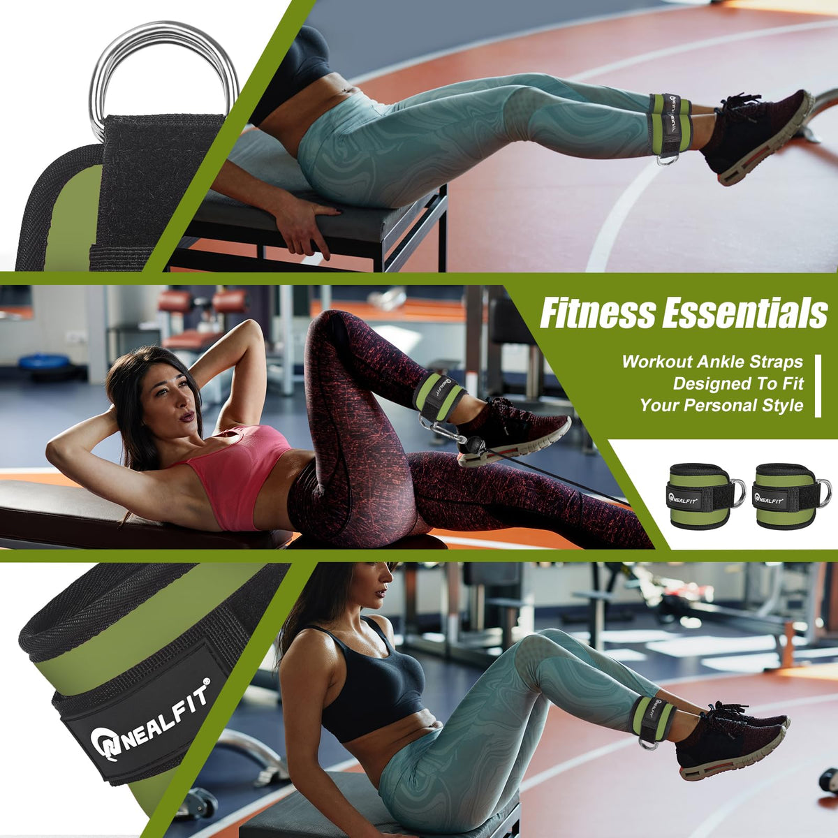 NEALFIT Ankle Strap for Cable Machine, Gym Ankle Cuff for Kickbacks, Leg Extensions, Glute Workouts, Booty Hip Abductors Exercise for Women and Men (Army Green, Pair)