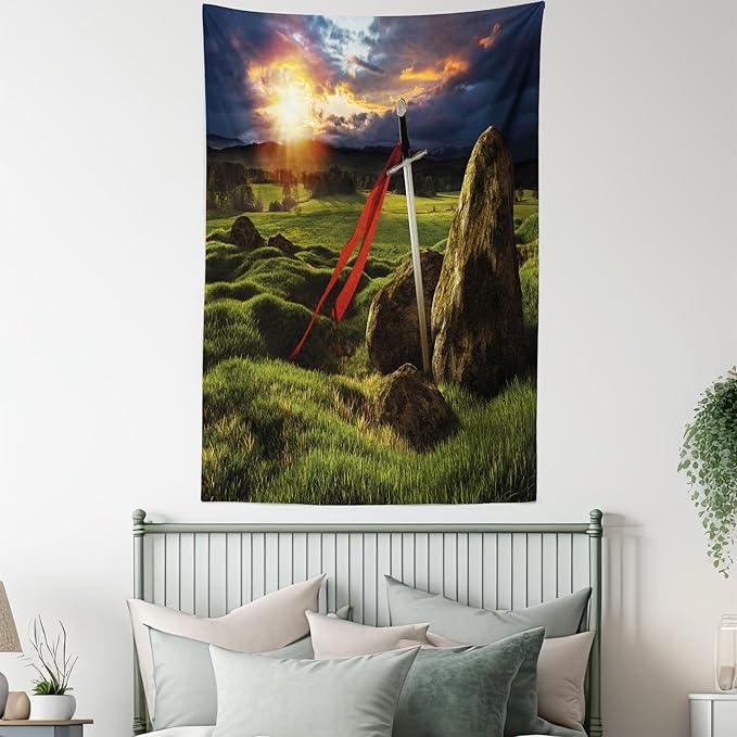 Ambesonne King Tapestry, Arthur Camelot Myth in England Ireland Fields Invincible Myth Image, Fabric Wall Hanging Decor for Bedroom Living Room Dorm, 23" X 28", Green Blue Red