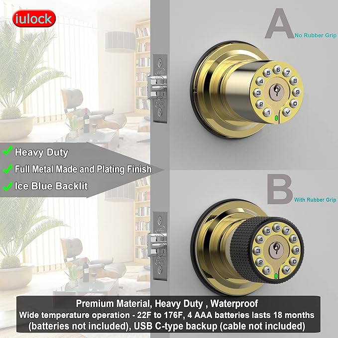 iulock Smart Door Knob with Keypad and Key,Keyless Entry Door Lock with Rubber Grip, Auto Lock,50 User Code,Waterproof, Easy to Install and Program for Bedroom Garage Office Gate (Golden)