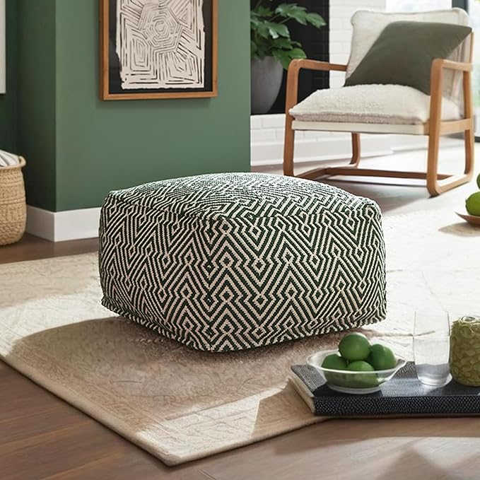 Signature Design by Ashley Abacy Casual Square Handwoven Pouf with Geometric Pattern, Green & Beige