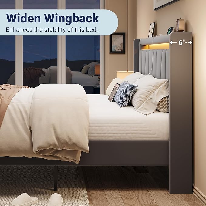 Allewie King Size LED Bed Frame with Charging Station, Velvet Upholstered Platform Bed with Geometric Wingback Headboard, Modern Frame with No Box Spring Needed, Easy Assembly, Grey