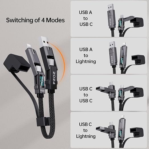 PZOZ 4-in-1 Keychain Charging Cable 60W Fast Charging USB C Cable with LED Display USB A/C to USB C &amp Lightning Portable Short Charger Cord for iPhone 16/15 iPad MacBook Samsung (60W 7.3 in