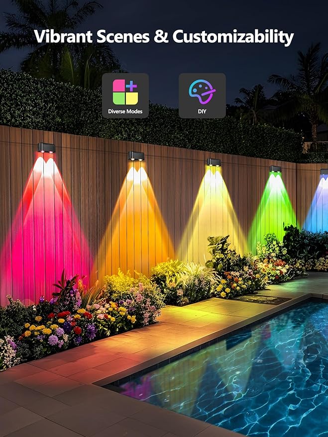 BrizLabs Smart Deck Lights, 6 Lamps RGBCW Outdoor Fence Lights Work with Alexa & Google Home, IP65 LED Patio Deck Lighting APP Controlled, Purple Orange Fence Lighting Music Sync for Patio Yard Garden