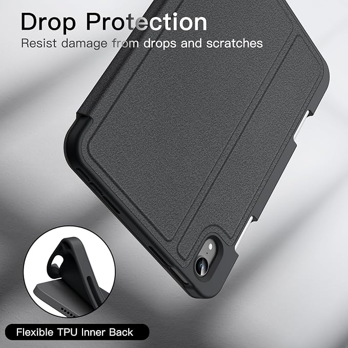 JETech Folio Case Cover for iPad mini A17 Pro/6th Gen (2024/2021) Black | Multi-Angle Stand Cover Pencil Holder Slim Protective Cover Auto Wake/Sleep
