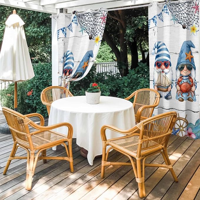 Ocean Gnome Outdoor Curtains for Patio Summer Marine Plumeria Shell Wooden