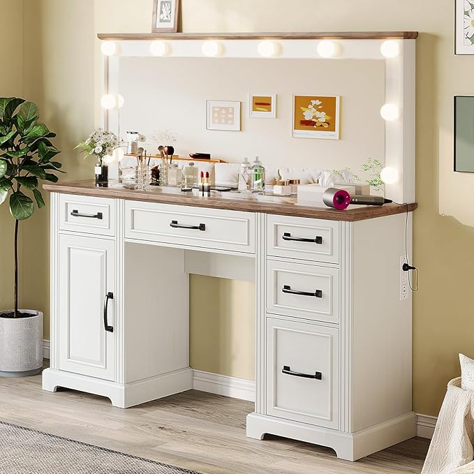 55'' Farmhouse Vanity Desk with Mirror and Lights, Large Makeup Table with Charging Station, Glass Tabletop & 5 Drawers, Rustic Dressing Table for Bedroom, Antique White